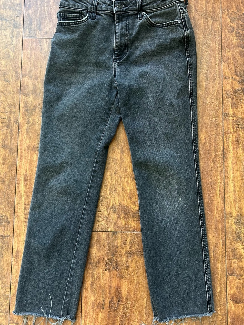 Free People Black Acid Wash Raw Hem Straight Jeans Women Size 27
